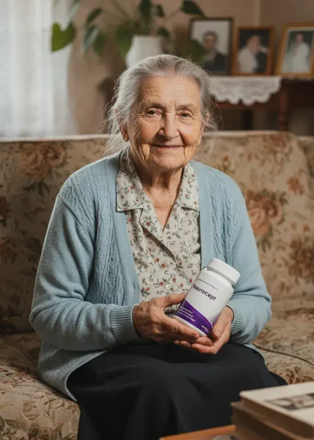 Older woman holding Neurocept on sofa